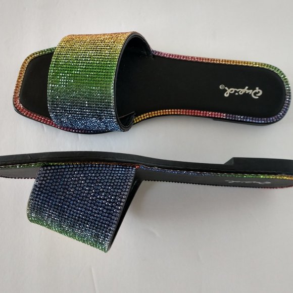 Qupid Rainbow Sandals Rhinestone Slides Various Sizes NIB - Picture 3 of 16
